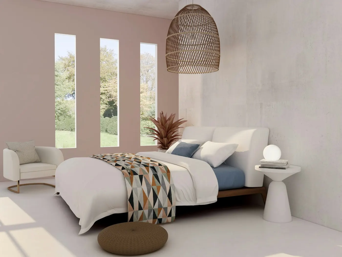 Quarto iluminado com roupa de cama clara