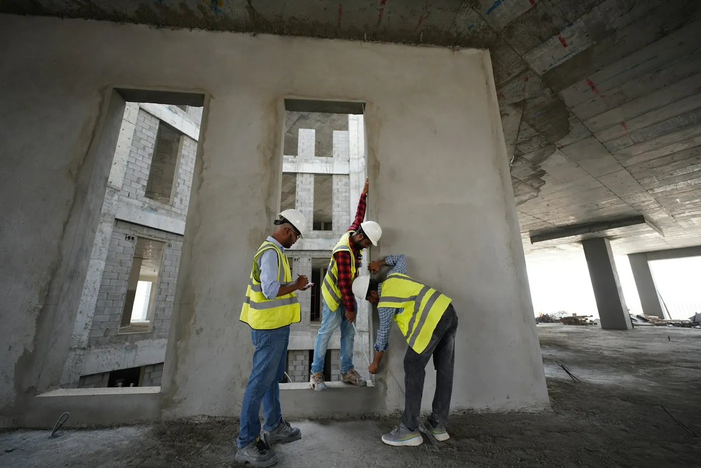 Engenheiros analisando projeto no canteiro de obras