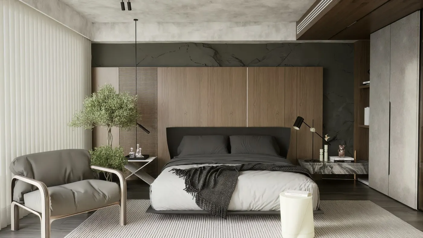 Quarto com cabeceira em madeira
